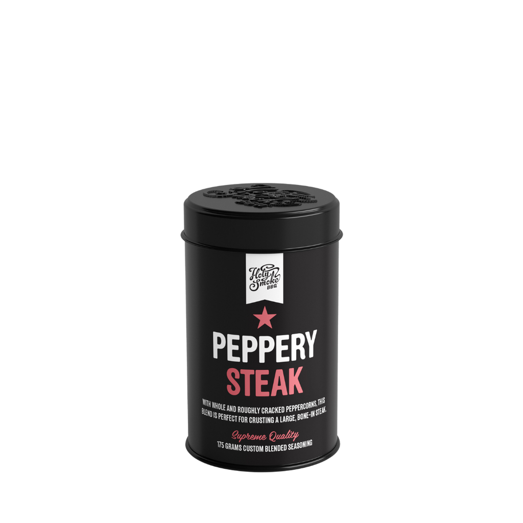Holy Smoke BBQ Peppery Steak spice rub, steak seasoning.