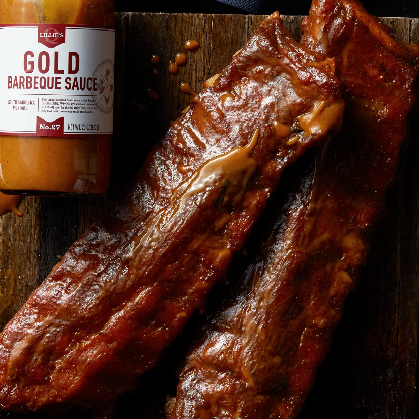 Lillie's Q gold barbecue sauce on pork ribs