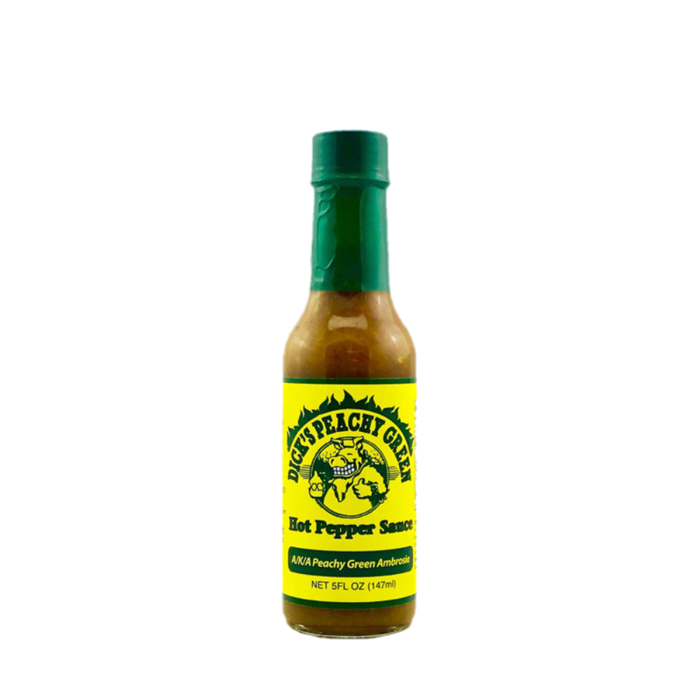 Dirty Dick's Peachy Green Hot Sauce available in Australia, mild chilli sauce with sweet heat, great on seafood, coleslaw dressing or even cocktails!