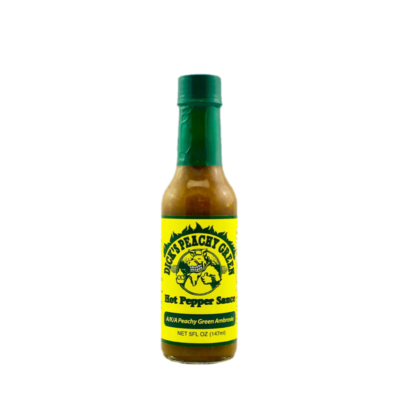 Dirty Dick's Peachy Green Hot Sauce available in Australia, mild chilli sauce with sweet heat, great on seafood, coleslaw dressing or even cocktails!